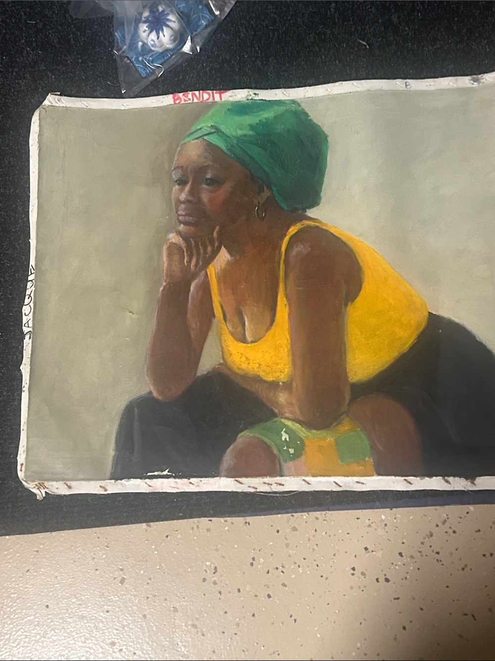 Yellow & Green Portrait Oil Painting - Thoughtful Woman Home Art used